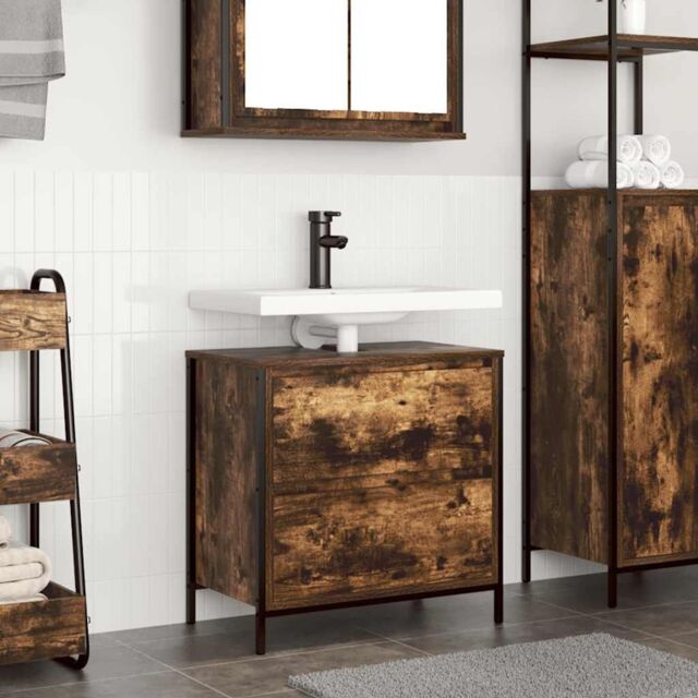 Berkfield Home Bathroom Basin Cabinet with Drawers Smoked Oak 60x34.5x60 cm in Brown - image 1