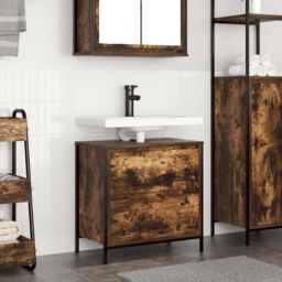 Berkfield Home Bathroom Basin Cabinet with Drawers Smoked Oak 60x34.5x60 cm in Brown - thumbnail 1