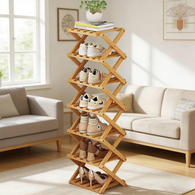 FORGEVIO 7 Tier Vertical Bamboo Folding Shoe Rack Storage Organizer in Brown - image 1
