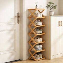 FORGEVIO 7 Tier Vertical Bamboo Folding Shoe Rack Storage Organizer in Brown - thumbnail 4