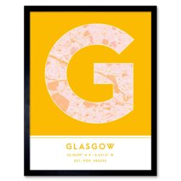 "Wee Blue Coo Wall Art Print Glasgow Scotland United Kingdom City Map Modern Typography Stylish Letter Framed Word in Yellow - Size: W12"" x H16""" - thumbnail 1