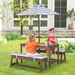 Gymax 4 Piece Wooden Picnic Table & Bench Set Outdoor Activity Desk in Brown - thumbnail 7