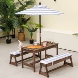 Gymax 4 Piece Wooden Picnic Table & Bench Set Outdoor Activity Desk in Brown - thumbnail 3