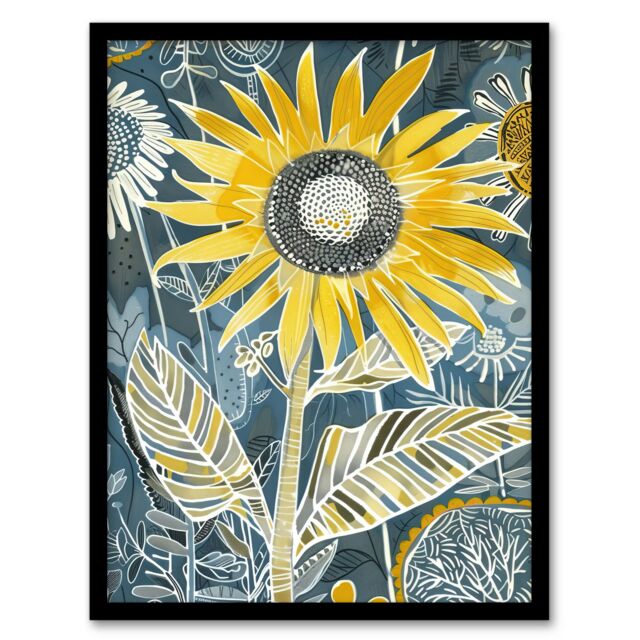 "Artery8 Sunflower Blue Yellow Inverted Line Quirky Art Framed Art Print - Size: W12"" x H16""" - image 1