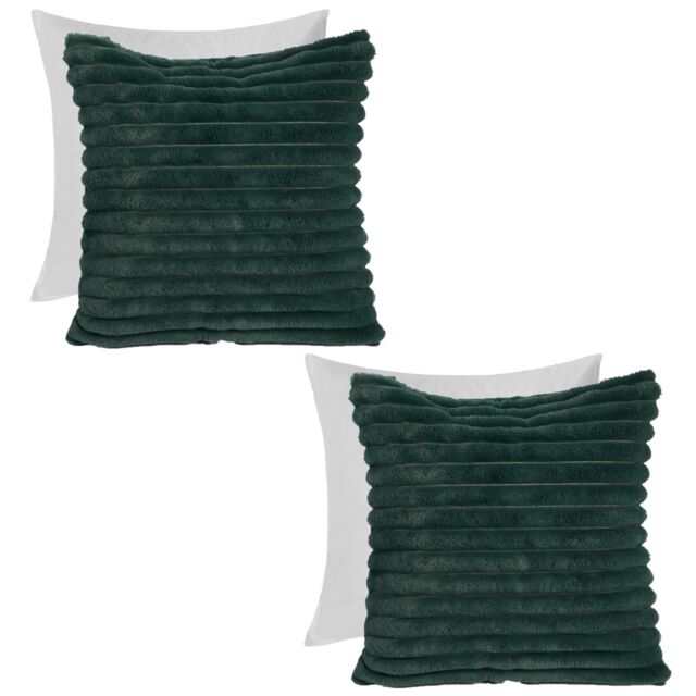 OHS 2 x Faux Fur Thick Rib Filled Cushion Covers in Green - Size: 45 cm x 45 cm - image 1