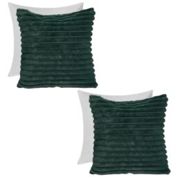 OHS 2 x Faux Fur Thick Rib Filled Cushion Covers in Green - Size: 45 cm x 45 cm