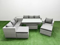 Fimous 7 PCs Rising Dining Table Set Rattan Furniture Set with 3 Seater Sofa in Light Grey - thumbnail 2