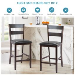 Costway Set of 2 Bar Stools Wood Padded Counter Height Pub Chairs Kitchen Dining Chair in Black - thumbnail 4