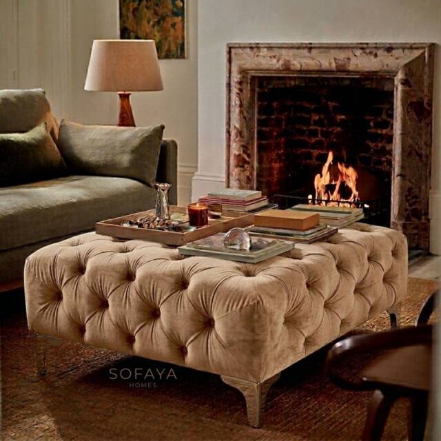 Sofaya Monaco Chesterfield Velvet Foot Stool, Deep Buttoned Coffee Table in Light Brown - Size: 100 cm x 80 cm - image 1