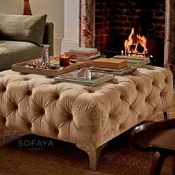 Sofaya Monaco Chesterfield Velvet Foot Stool, Deep Buttoned Coffee Table in Light Brown - Size: 100 cm x 80 cm - thumbnail 2