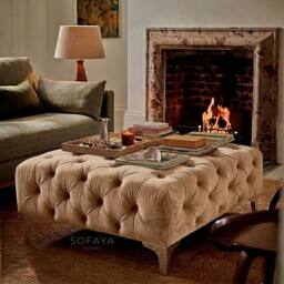 Sofaya Monaco Chesterfield Velvet Foot Stool, Deep Buttoned Coffee Table in Light Brown - Size: 100 cm x 80 cm - thumbnail 1