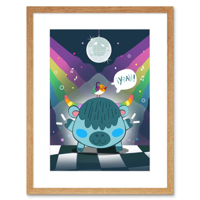 "Artery8 Wall Art Print Kawaii Cow Disco Party Art Framed 9x7 inch in Beige - Size: W7"" x H9""" - image 1
