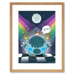 "Artery8 Wall Art Print Kawaii Cow Disco Party Art Framed 9x7 inch in Beige - Size: W7"" x H9""" - thumbnail 1
