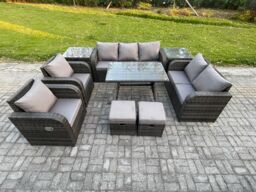 Fimous Outdoor Rattan Garden Furniture Set 9 Seater Patio Lounge Sofa Set with Dining Table 2 Small Footstools 2 Side Tables in Dark Grey - thumbnail 1