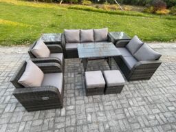 Fimous Outdoor Rattan Garden Furniture Set 9 Seater Patio Lounge Sofa Set with Dining Table 2 Small Footstools 2 Side Tables in Dark Grey - thumbnail 2