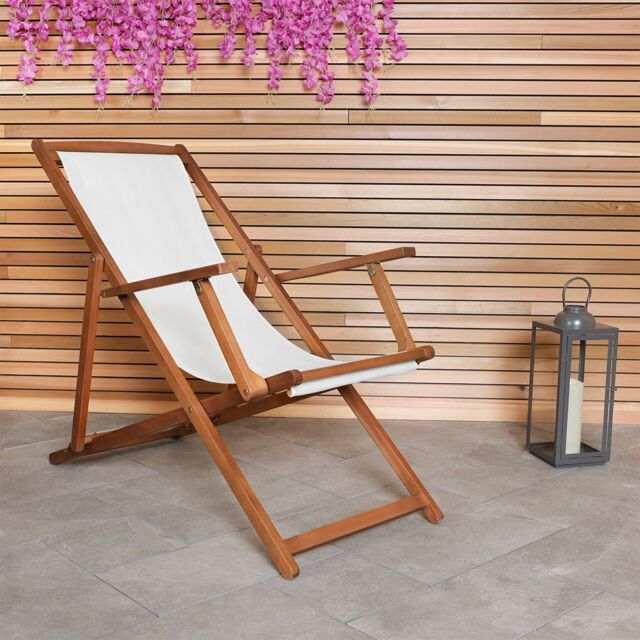 Charles Bentley Folding Eucalyptus Wooden Deck Chair Beach Sun Lounger in Off-White - image 1