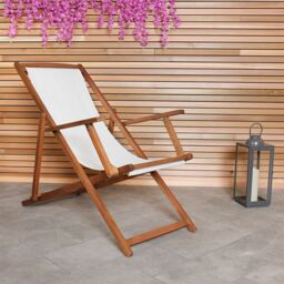 Charles Bentley Folding Eucalyptus Wooden Deck Chair Beach Sun Lounger in Off-White