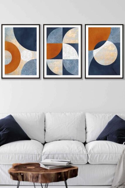 ARTZE Geometric Abstract Textured Circles in Navy Blue Orange Gold Framed Wall Art - Large in Black - Size: W53 cm x H73 cm x D20mm - image 1