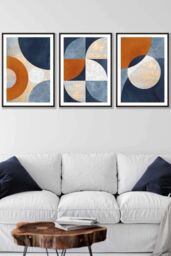 ARTZE Geometric Abstract Textured Circles in Navy Blue Orange Gold Framed Wall Art - Large in Black - Size: W53 cm x H73 cm x D20mm