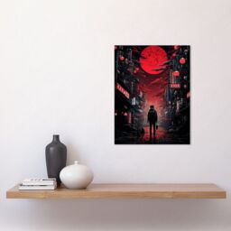 "Artery8 Wall Art Print Midnight Blood Moon in Tokyo Conceptual Artwork Gothic Street Japan Cityscape Poster in Red - Size: W18"" x H24""" - thumbnail 2