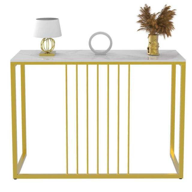 Nordara Rectangular Marble Top Bar Table Counter Dining High Desk Metal Frame in Gold - image 1