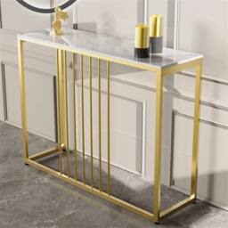 Nordara Rectangular Marble Top Bar Table Counter Dining High Desk Metal Frame in Gold - thumbnail 7