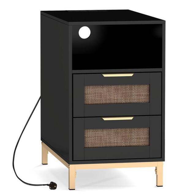 Gymax Narrow Rattan Side Table with Charging Station 2 Drawers Nightstand in Black - image 1