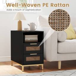 Gymax Narrow Rattan Side Table with Charging Station 2 Drawers Nightstand in Black - thumbnail 9