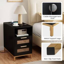 Gymax Narrow Rattan Side Table with Charging Station 2 Drawers Nightstand in Black - thumbnail 3