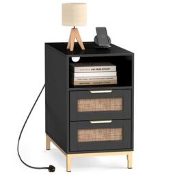 Gymax Narrow Rattan Side Table with Charging Station 2 Drawers Nightstand in Black - thumbnail 5