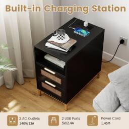 Gymax Narrow Rattan Side Table with Charging Station 2 Drawers Nightstand in Black - thumbnail 6