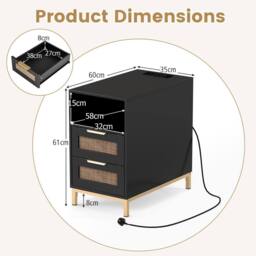Gymax Narrow Rattan Side Table with Charging Station 2 Drawers Nightstand in Black - thumbnail 2
