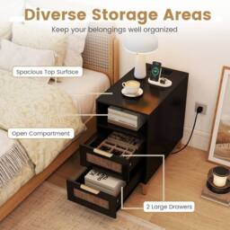 Gymax Narrow Rattan Side Table with Charging Station 2 Drawers Nightstand in Black - thumbnail 4