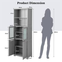 FORGEVIO Tall Bathroom Storage Cabinet with Glass Doors in Grey - thumbnail 2