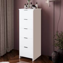 BIMOSSA Laura 5 Drawer Storage Cabinet, Slim Unit for Bedroom & Hallway in White - thumbnail 1