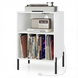 Costway Record Player Stand w/ Charging Station Vinyl Record Storage Cabinet in White