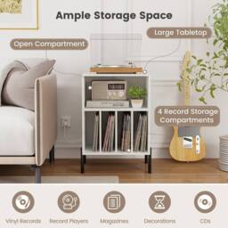 Costway Record Player Stand w/ Charging Station Vinyl Record Storage Cabinet in White - thumbnail 7