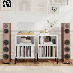 Costway Record Player Stand w/ Charging Station Vinyl Record Storage Cabinet in White - thumbnail 3