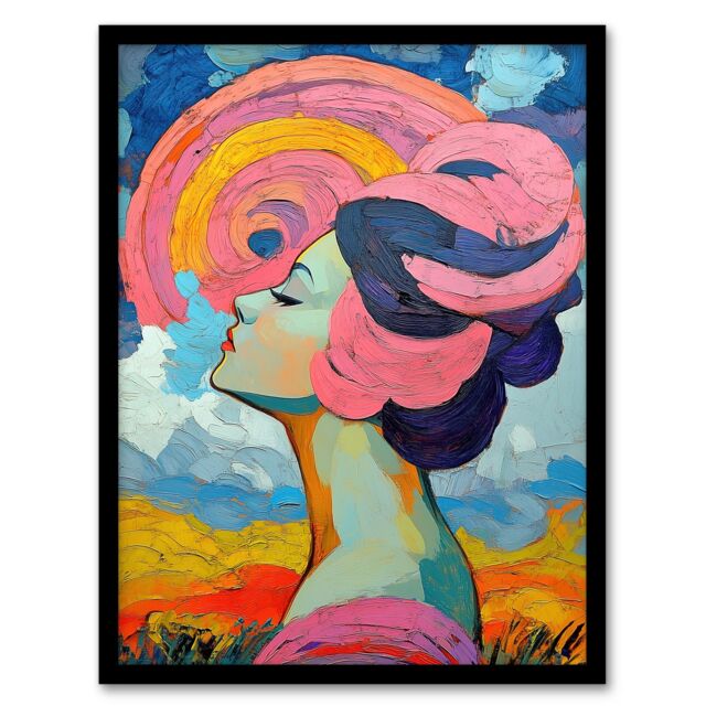Artery8 Woman Portrait Sunset Summer Bliss Conceptual Art Framed Art Print in Blue - Size: A4 - image 1