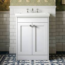 Balterley 600mm Floor Standing 2 Door Unit, Classic Basin 3 Tap Hole - White - thumbnail 3