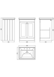 Balterley 600mm Floor Standing 2 Door Unit, Classic Basin 3 Tap Hole - White - thumbnail 2
