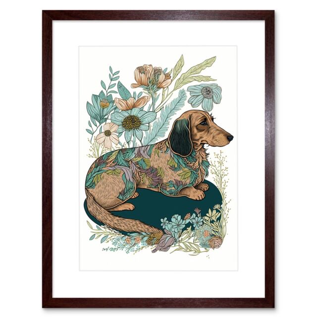 "Artery8 Wall Art Print Multicoloured Fur Dachshund Dog with Spring Flowers Modern Watercolour Artwork Framed 9X7 Inch in Brown - Size: W7"" x H9""" - image 1