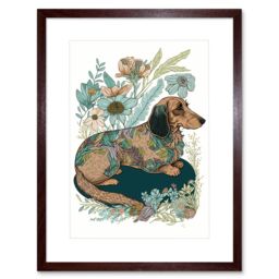 "Artery8 Wall Art Print Multicoloured Fur Dachshund Dog with Spring Flowers Modern Watercolour Artwork Framed 9X7 Inch in Brown - Size: W7"" x H9""" - thumbnail 1