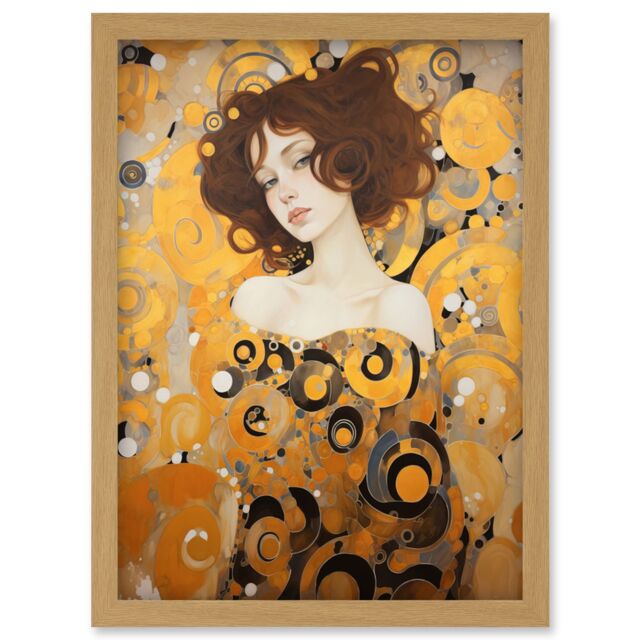 Artery8 Wall Art Print Woman Portrait Gustav Klimt Style Oil Painting Gold Brown Artist Muse Art Nouveau Artwork Framed A4 in Light Oak - image 1