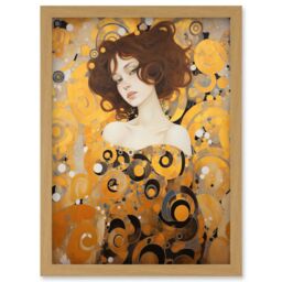 Artery8 Wall Art Print Woman Portrait Gustav Klimt Style Oil Painting Gold Brown Artist Muse Art Nouveau Artwork Framed A4 in Light Oak - thumbnail 1