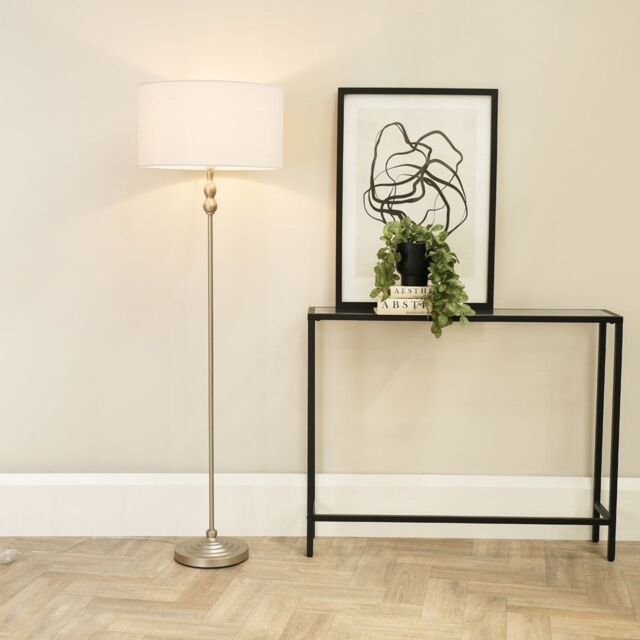 ValueLights Maggie Brushed Chrome Silver Floor Lamp with Fabric Lamp Shade in White - image 1