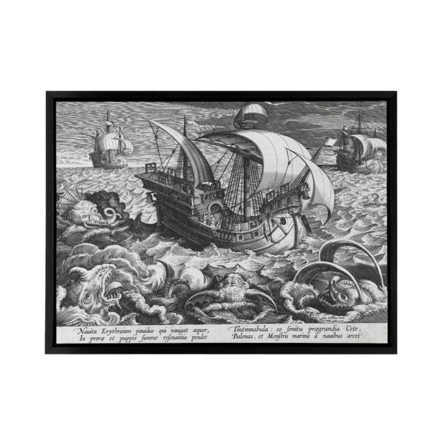 "Artery8 Collaert Sea Monsters Around A Ship Framed Canvas Wall Art Print in Grey - Size: W12"" x H16""" - image 1