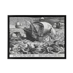 "Artery8 Collaert Sea Monsters Around A Ship Framed Canvas Wall Art Print in Grey - Size: W12"" x H16""" - thumbnail 1