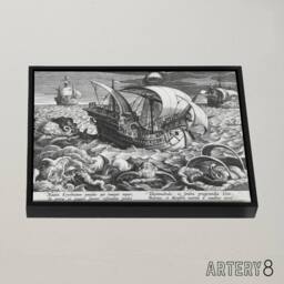 "Artery8 Collaert Sea Monsters Around A Ship Framed Canvas Wall Art Print in Grey - Size: W12"" x H16""" - thumbnail 2