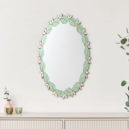 Melody Maison Pink & Green Oval Floral Art Deco Wall Mirror 80cm X 49cm - Size: 80 cm X 49 cm - thumbnail 3